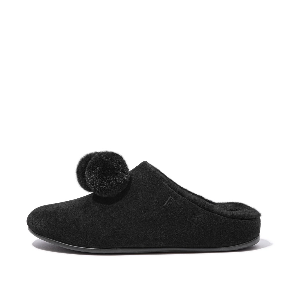 Fitflop Womens Slippers Black - Chrissie Pom-pom Shearling - 87MZSTAJH